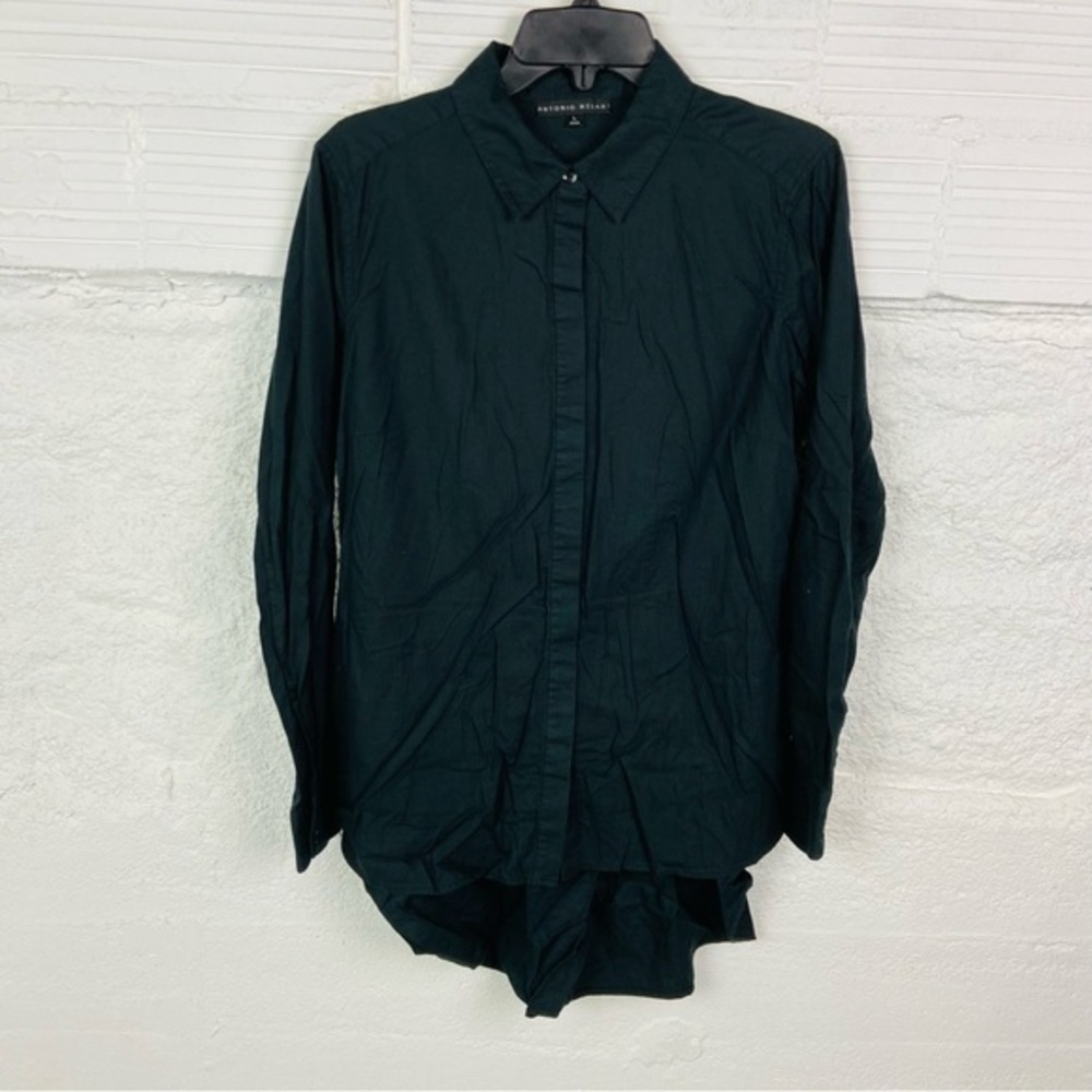 ANTONIO MELANI black cotton pleated ruffle back collar button up blouse large